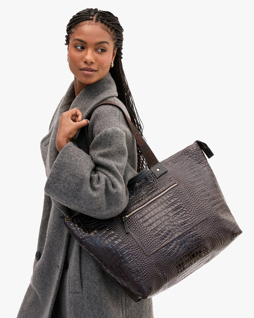 Clare V. Grand Zip Sac – Mahogany Embossed Croco w/ Travel Pocket – detail 2