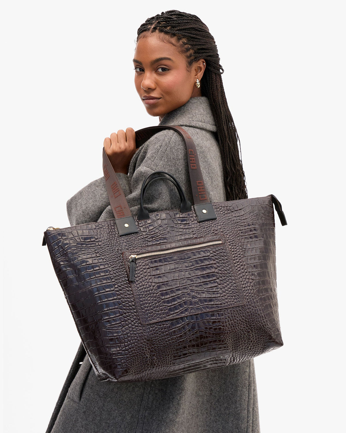 Clare V. Grand Zip Sac – Mahogany Embossed Croco w/ Travel Pocket – detail 3