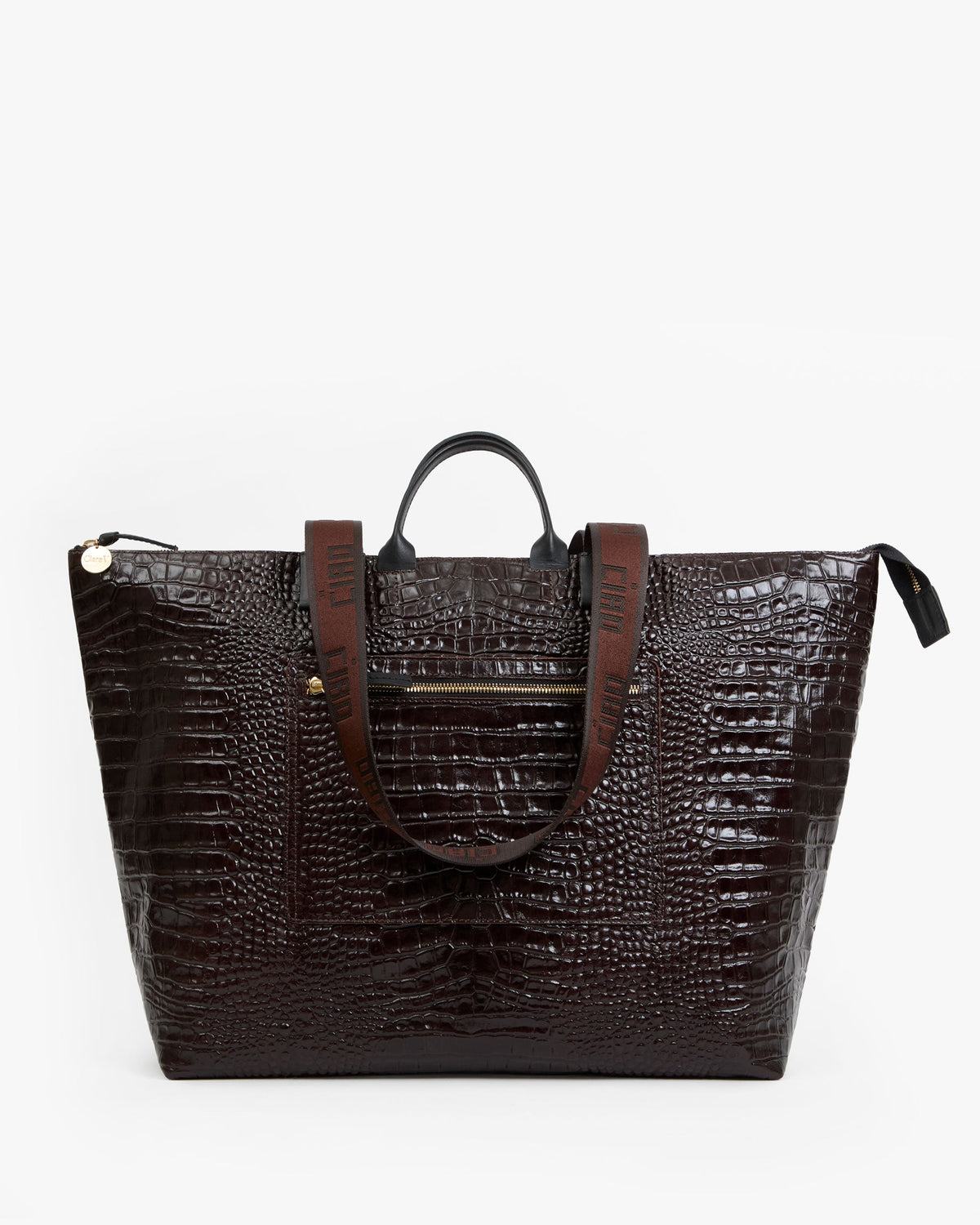 Clare V. Grand Zip Sac – Mahogany Embossed Croco w/ Travel Pocket