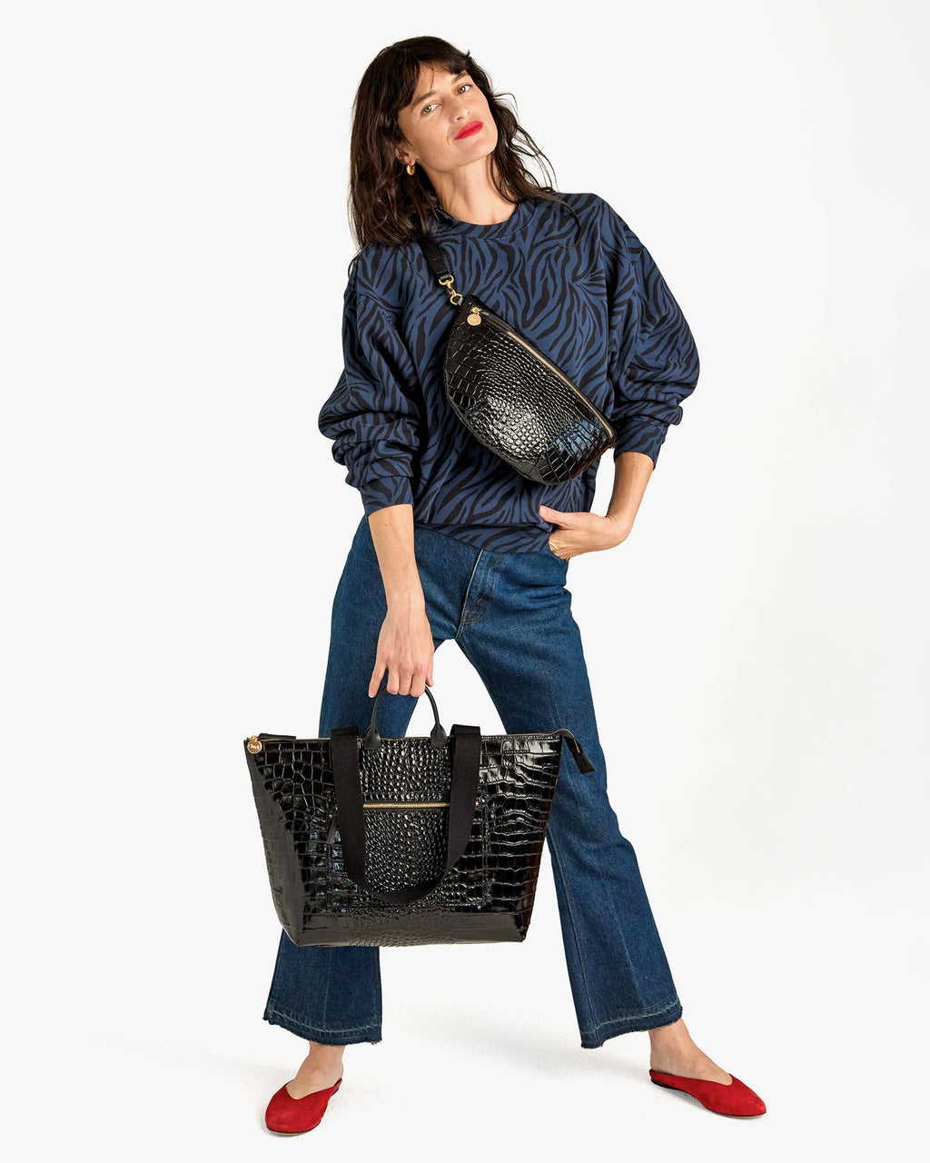 Clare V. Le Zip Sac – Black Embossed Croco w/ Travel Pocket – detail 2