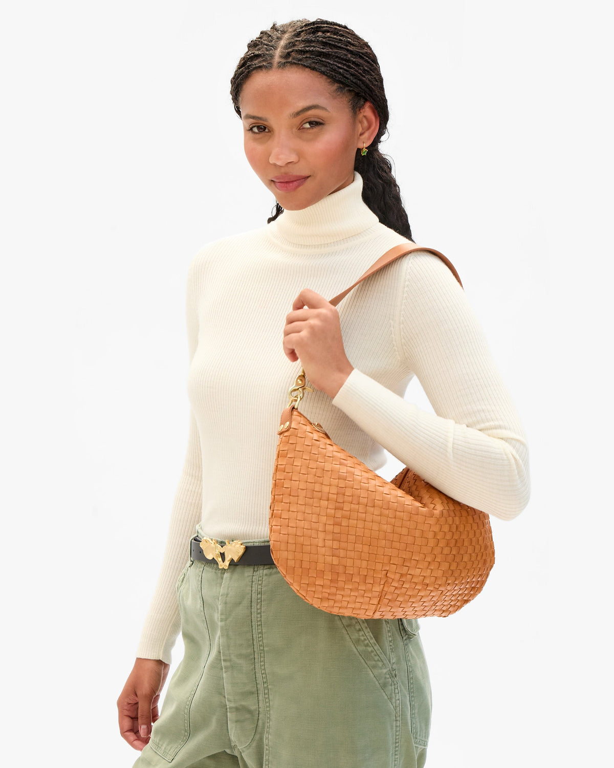 Clare V. Moyen Messenger – Natural Woven Checker – detail 2