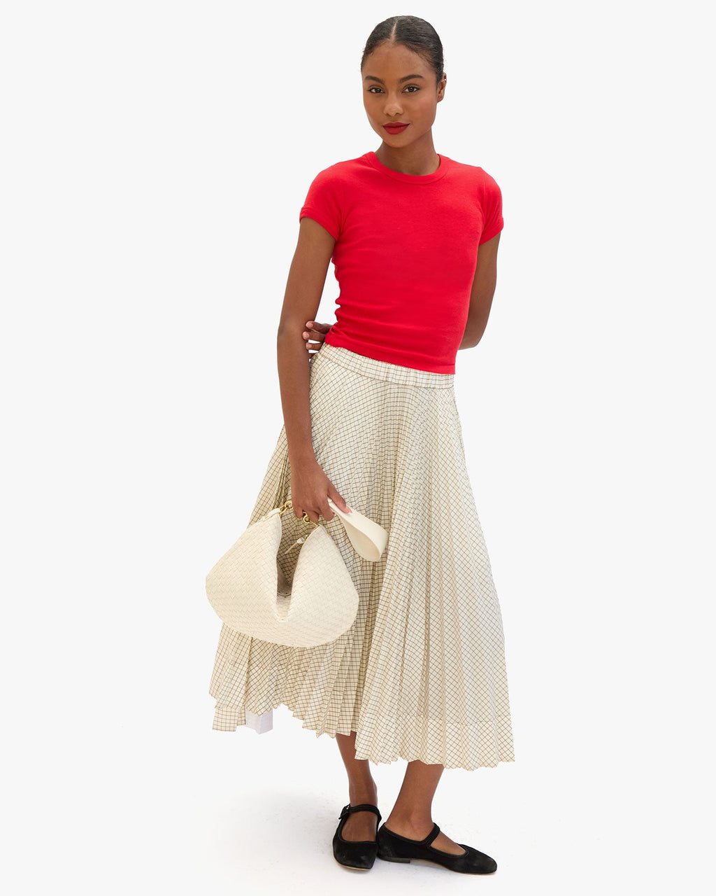 Clare V. Moyen Messenger – Cream Woven Checker – detail 4