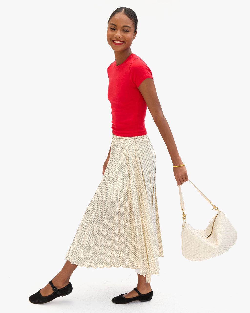Clare V. Moyen Messenger – Cream Woven Checker – detail 3