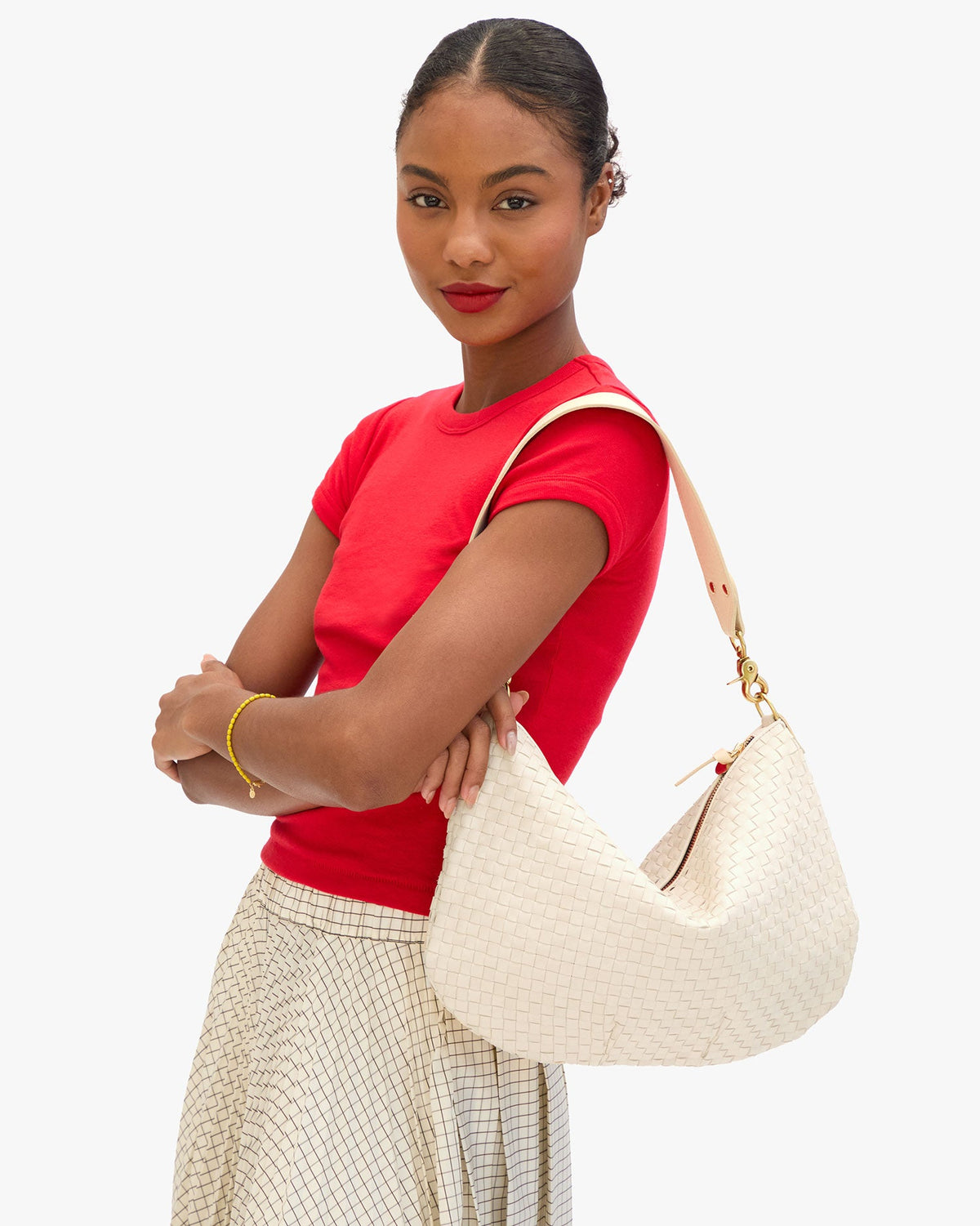 Clare V. Moyen Messenger – Cream Woven Checker – detail 2