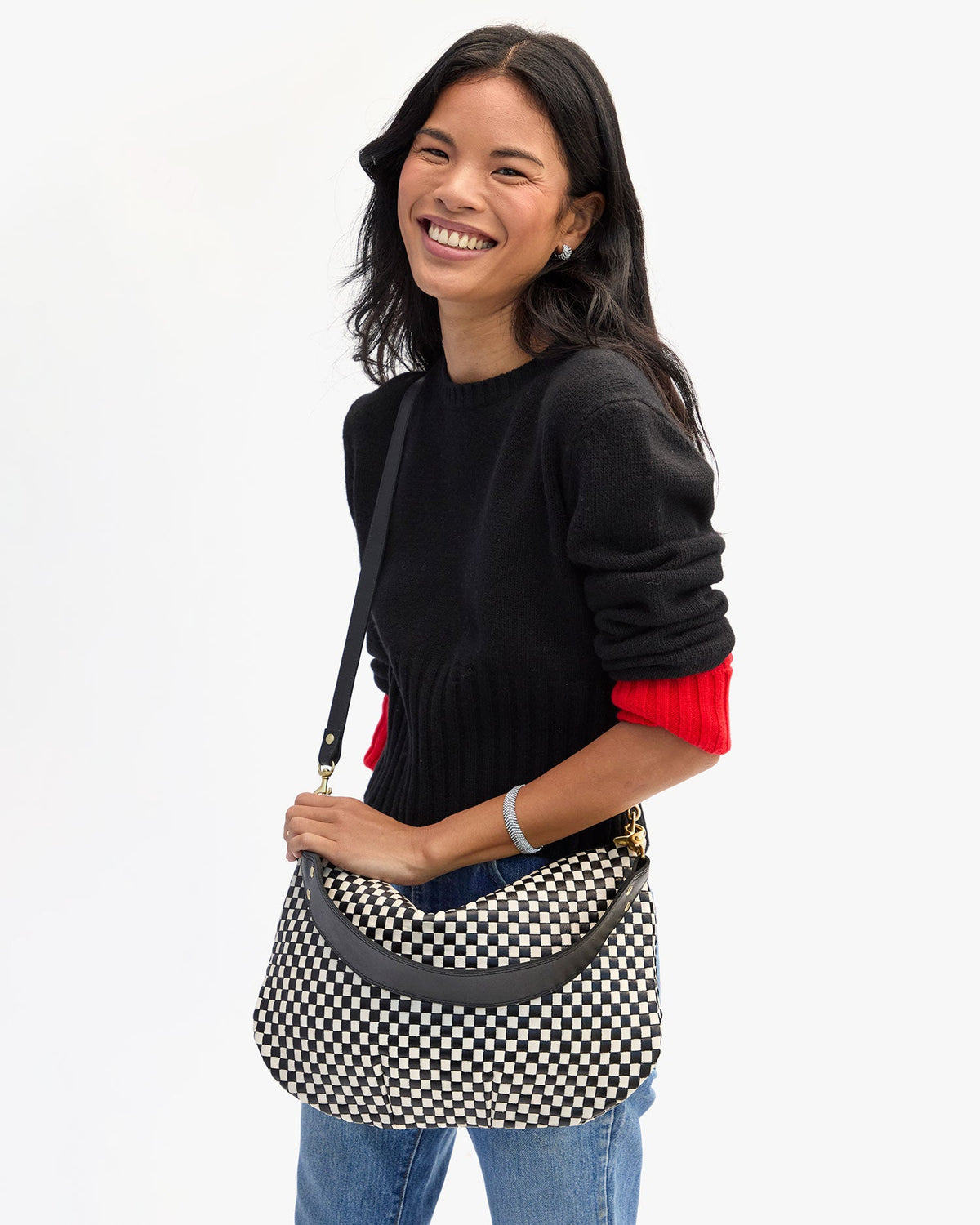 Clare V. Moyen Messenger – Black/Cream Woven Checker – detail 2