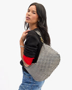 Clare V. Moyen Messenger – Black/Cream Woven Checker – detail 3