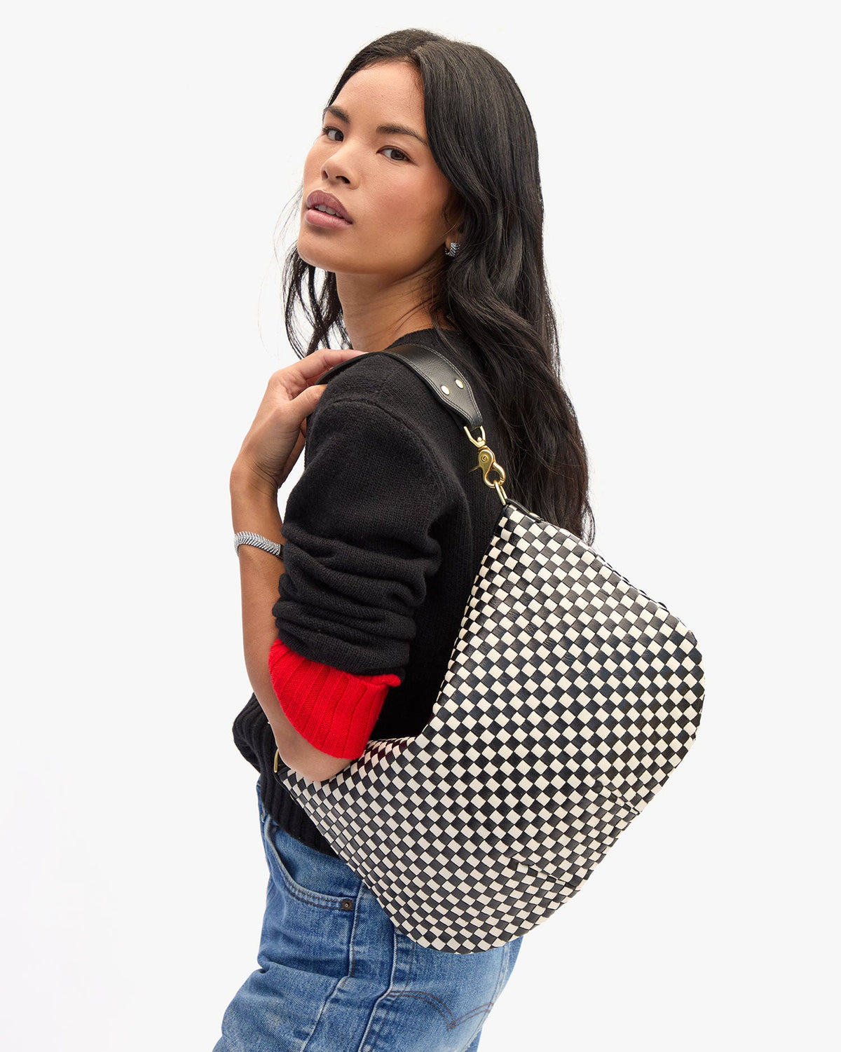 Clare V. Moyen Messenger – Black/Cream Woven Checker – detail 3