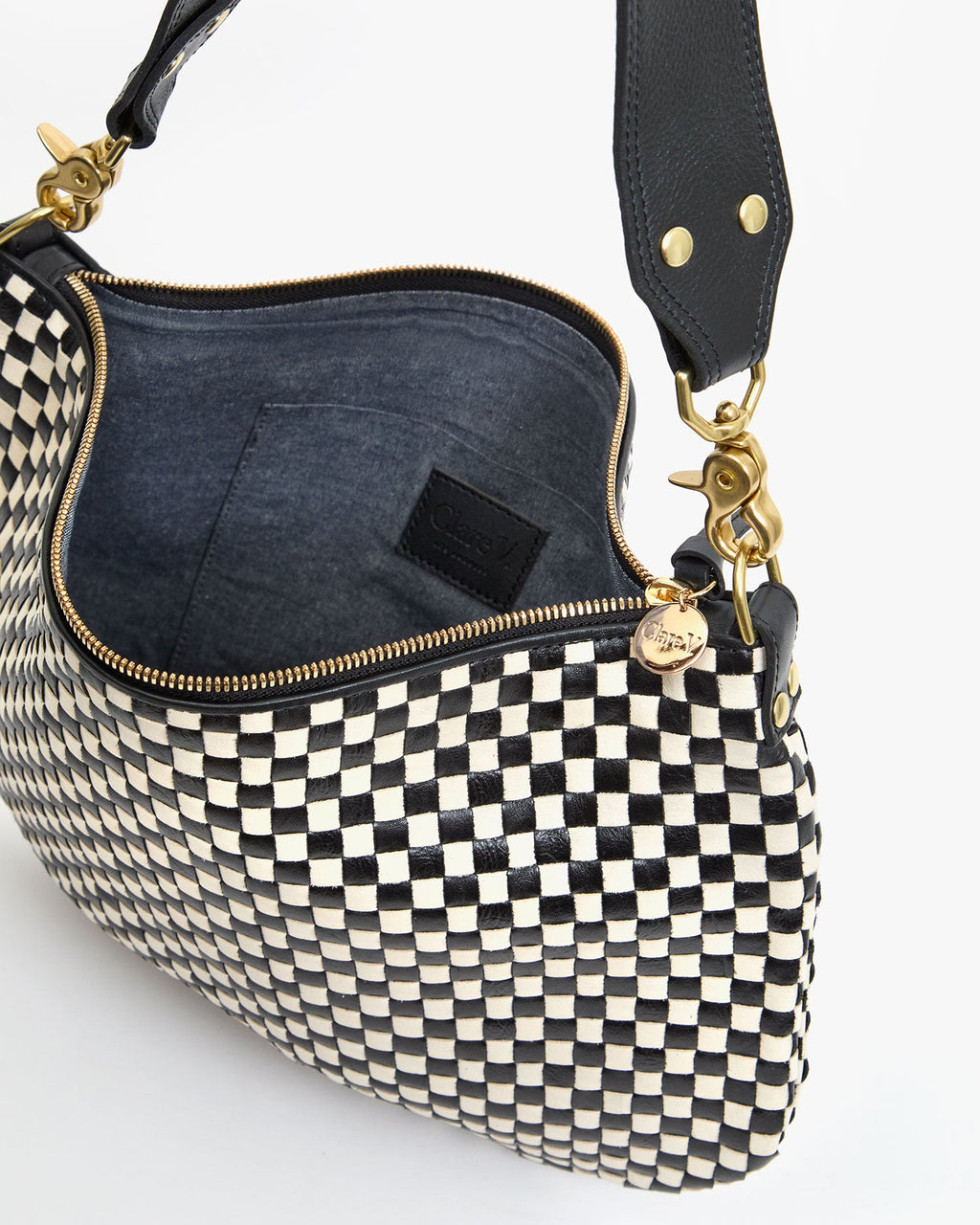 Clare V. Moyen Messenger – Black/Cream Woven Checker – detail 5