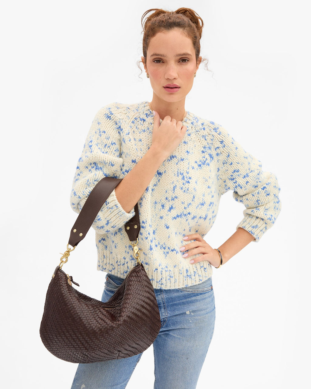 Clare V. Moyen Messenger – Chocolate Woven Zig-Zag – detail 4
