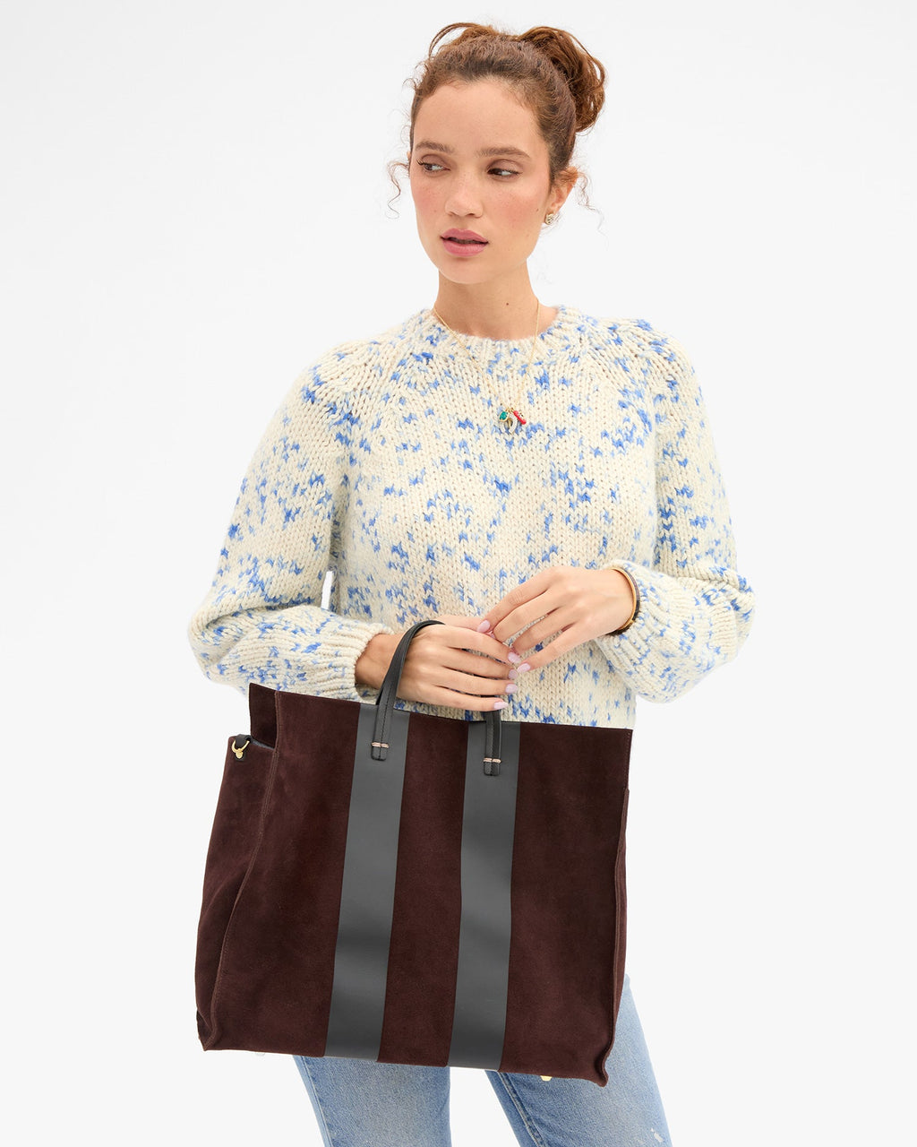 Clare V. Simple Tote – Truffle Suede w/ Racing Stripes – detail 3
