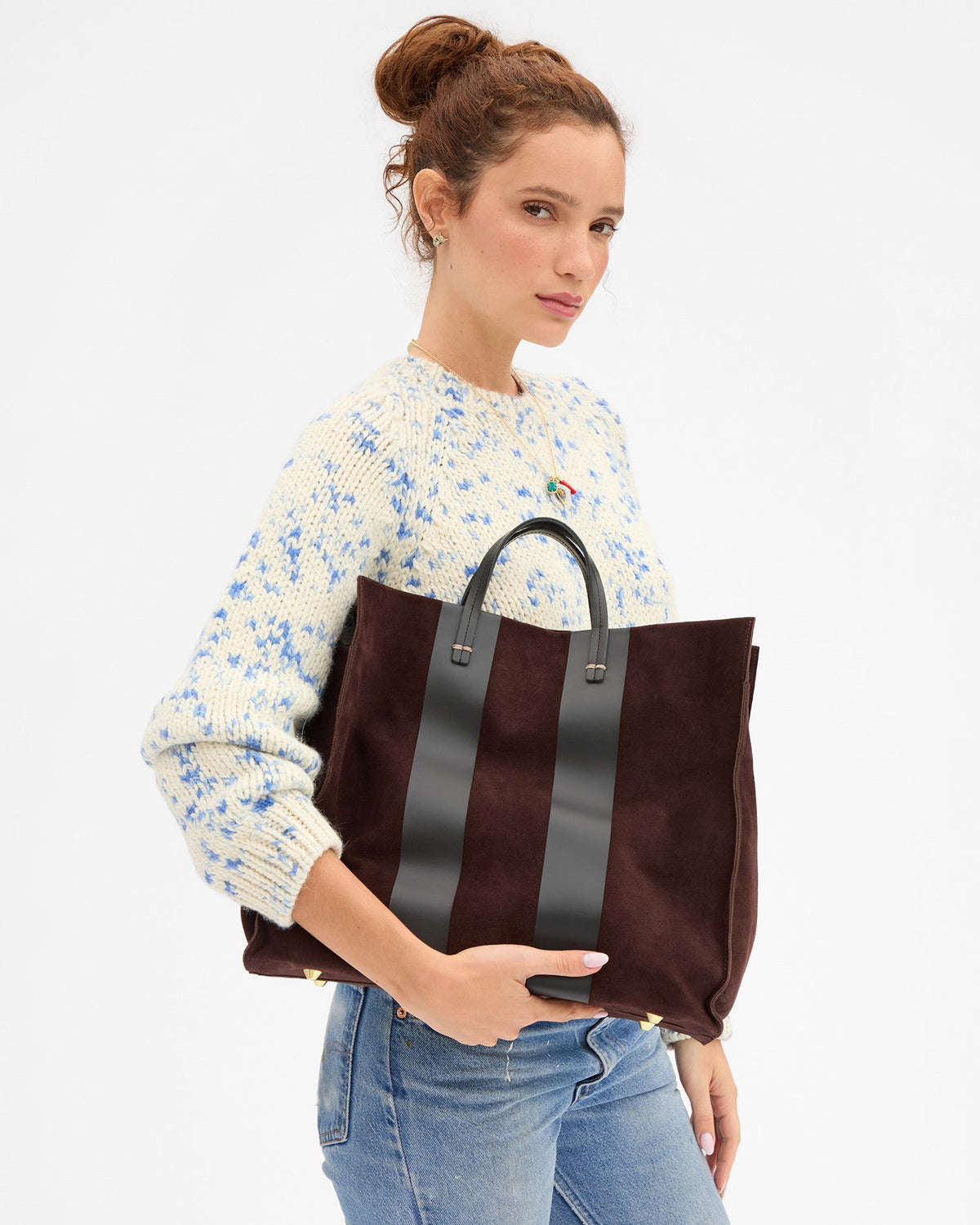 Clare V. Simple Tote – Truffle Suede w/ Racing Stripes – detail 2